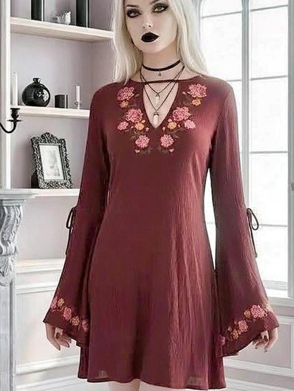 Bongo burgundy floral embroidered mini dress with bell sleeves Size M